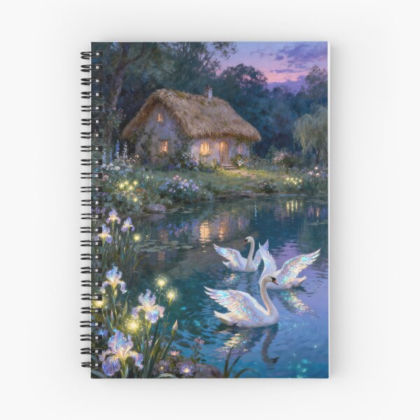 Item preview, Enchanted Cottage Lake with Glowing Swans and Fairies Oil Painting designed and sold by Fantasy-Atelier.