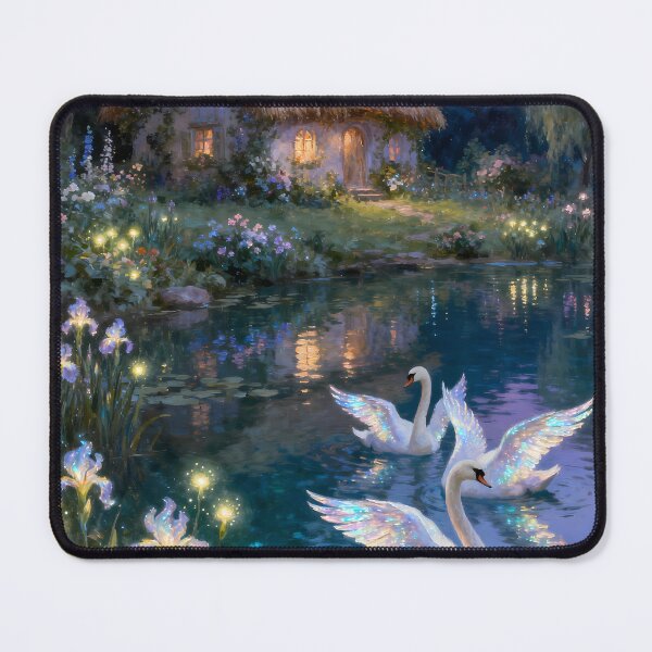 Item preview, Glowing Iridescent Swans Magical Cottage Pond Twilight Fantasy Art designed and sold by Fantasy-Atelier.
