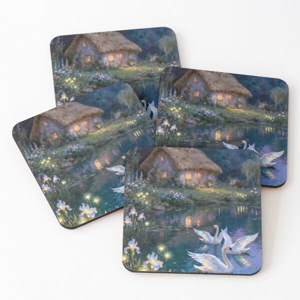 Item preview, Enchanted Cottage Lake with Glowing Swans and Fairies Oil Painting designed and sold by Fantasy-Atelier.
