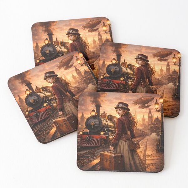 Item preview, Steampunk Time Traveler at Sunset – Vintage Train and Airship Fantasy Print designed and sold by Kaleidoscope Print.