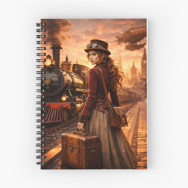 Item preview, Steampunk Time Traveler at Sunset – Vintage Train and Airship Fantasy Print designed and sold by Kaleidoscope Print.