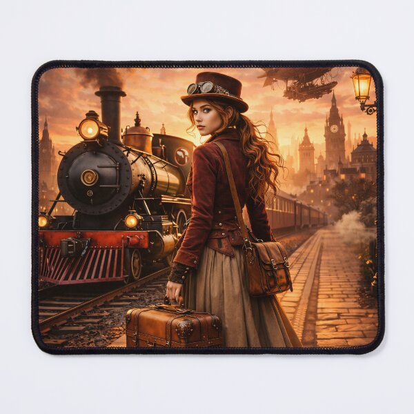 Item preview, Steampunk Time Traveler at Sunset – Vintage Train and Airship Fantasy Print designed and sold by Kaleidoscope Print.