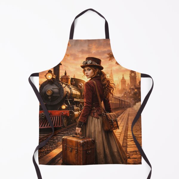 Item preview, Steampunk Time Traveler at Sunset – Vintage Train and Airship Fantasy Print designed and sold by Kaleidoscope Print.