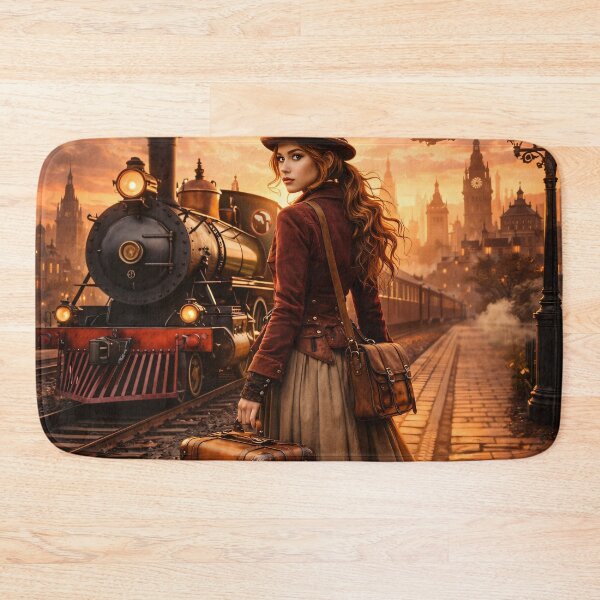 Item preview, Steampunk Time Traveler at Sunset – Vintage Train and Airship Fantasy Print designed and sold by Kaleidoscope Print.