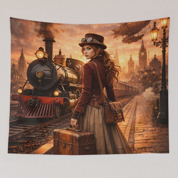 Item preview, Steampunk Time Traveler at Sunset – Vintage Train and Airship Fantasy Print designed and sold by Kaleidoscope Print.