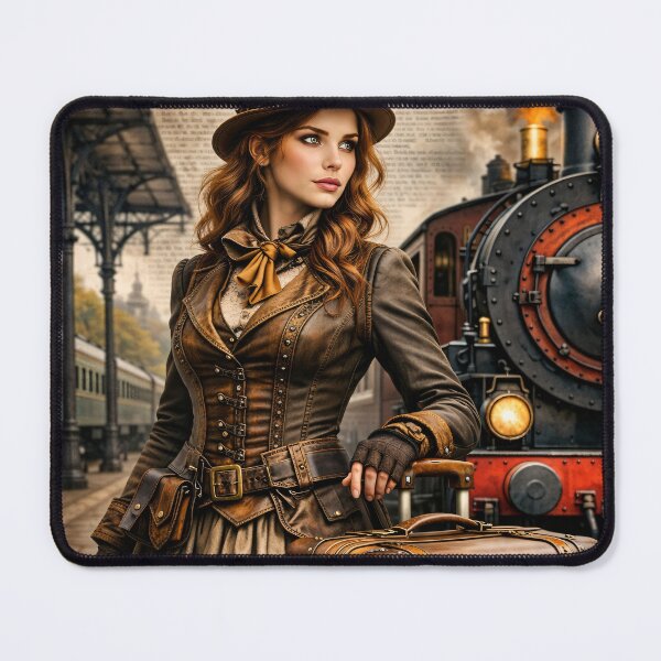 Item preview, Steampunk Woman Traveler at Train Station – Victorian Railway Adventure Print designed and sold by Kaleidoscope Print.