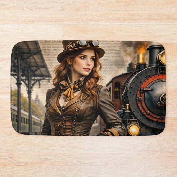 Item preview, Steampunk Woman Traveler at Train Station – Victorian Railway Adventure Print designed and sold by Kaleidoscope Print.