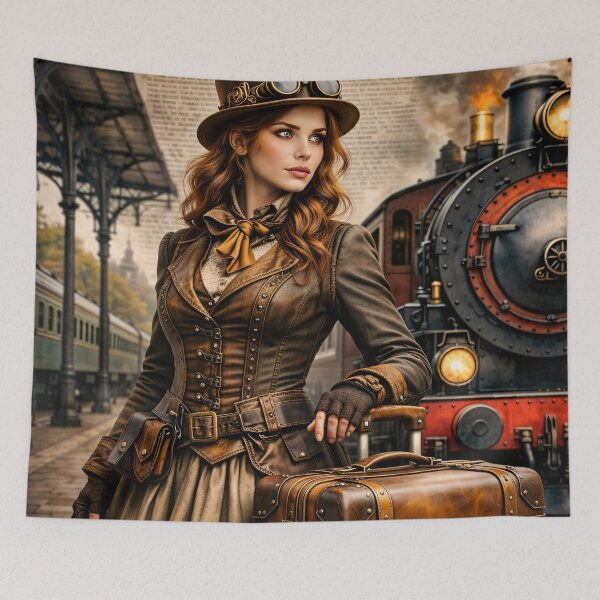 Item preview, Steampunk Woman Traveler at Train Station – Victorian Railway Adventure Print designed and sold by Kaleidoscope Print.