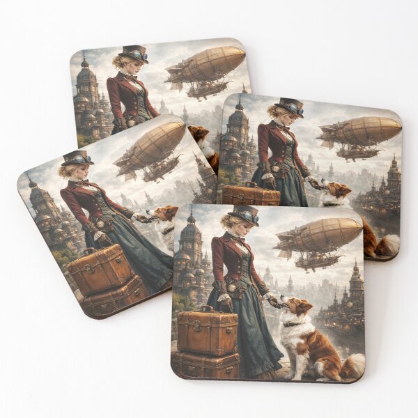 Item preview, Steampunk Woman and Dog Adventure – Victorian Airship Traveler Fantasy Print designed and sold by Kaleidoscope Print.