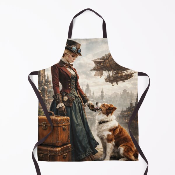 Item preview, Steampunk Woman and Dog Adventure – Victorian Airship Traveler Fantasy Print designed and sold by Kaleidoscope Print.