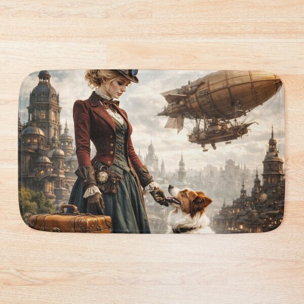 Item preview, Steampunk Woman and Dog Adventure – Victorian Airship Traveler Fantasy Print designed and sold by Kaleidoscope Print.
