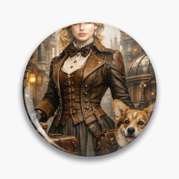 Item preview, Steampunk Woman with Corgi – Victorian Adventure Companion Fantasy Print designed and sold by Kaleidoscope Print.