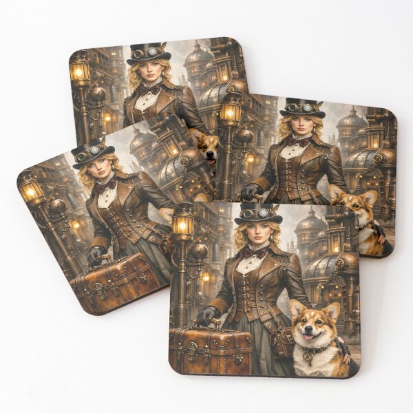 Item preview, Steampunk Woman with Corgi – Victorian Adventure Companion Fantasy Print designed and sold by Kaleidoscope Print.
