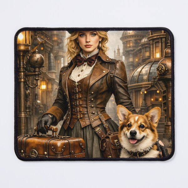 Item preview, Steampunk Woman with Corgi – Victorian Adventure Companion Fantasy Print designed and sold by Kaleidoscope Print.