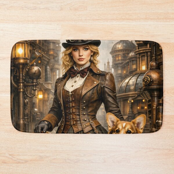 Item preview, Steampunk Woman with Corgi – Victorian Adventure Companion Fantasy Print designed and sold by Kaleidoscope Print.