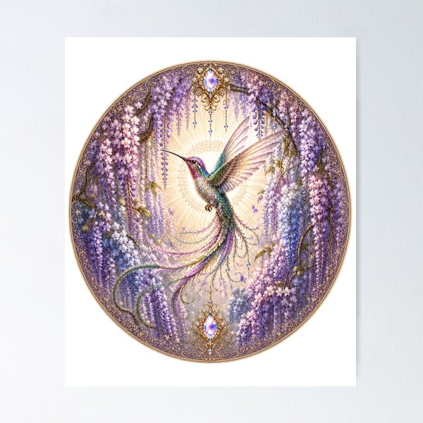 Item preview, Celestial Hummingbird in Wisteria Garden | Art Nouveau Fantasy Bird designed and sold by sunbowjp stadio.