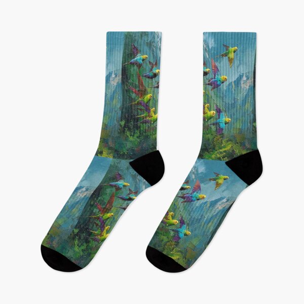 Item preview, A Budgerigar flock sweeping over rainforest valleys, Birds in Motion designed and sold by CDC40.