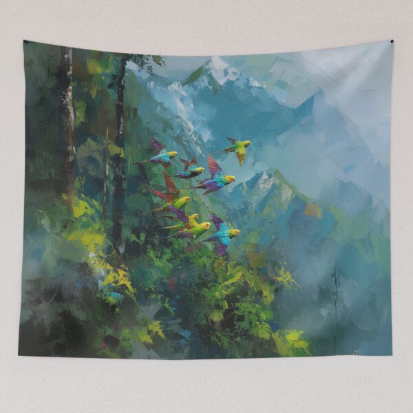 Item preview, A Budgerigar flock sweeping over rainforest valleys, Birds in Motion designed and sold by CDC40.