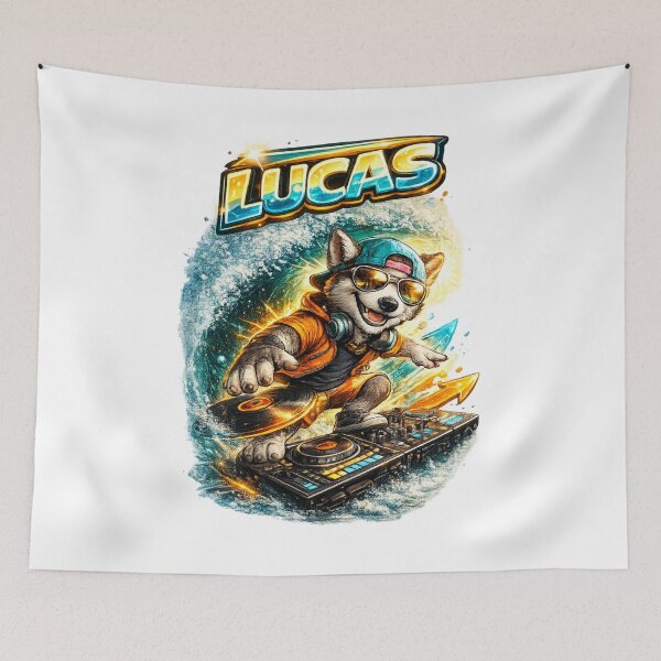Item preview, Lucas DJ Dog – Personalized Turntable Music Name designed and sold by AlexLineArt.