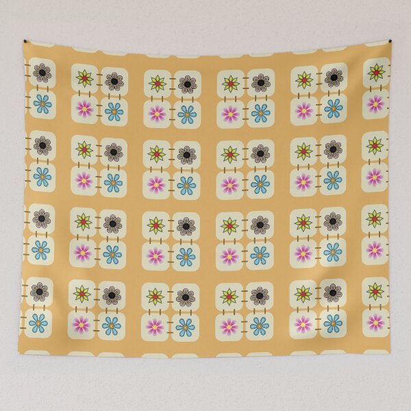 Item preview, Colorful Retro Floral Seamless Pattern with Decorative Square Tiles on Warm Beige Background designed and sold by ChaReePat.