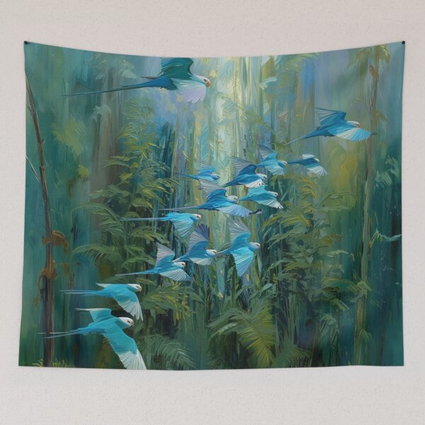 Item preview, A Budgerigar flock sweeping over rainforest valleys, Birds in Motion designed and sold by CDC40.