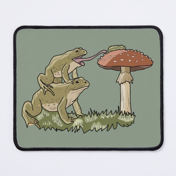 Item preview, Frog stack catching caterpillar on red mushroom cottagecore art designed and sold by LeshanArt.