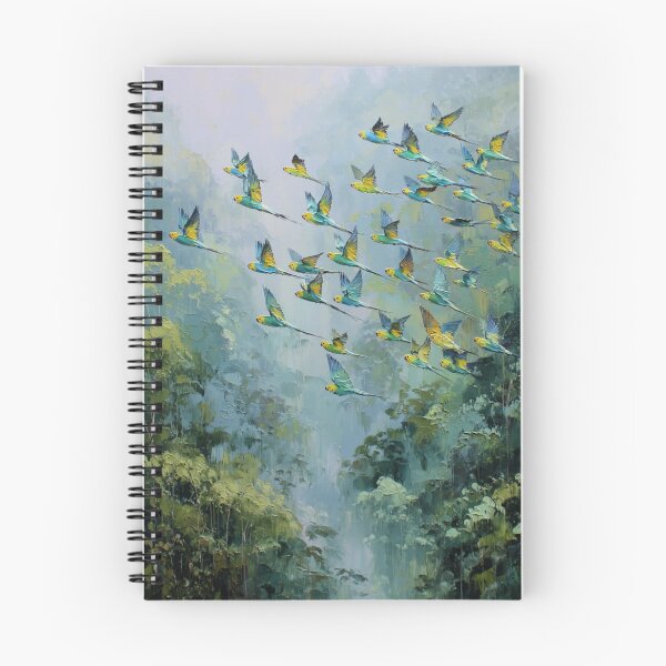 Item preview, A Budgerigar flock sweeping over rainforest valleys, Birds in Motion designed and sold by CDC40.