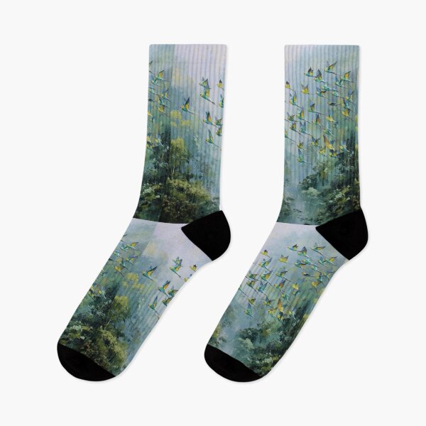 Item preview, A Budgerigar flock sweeping over rainforest valleys, Birds in Motion designed and sold by CDC40.