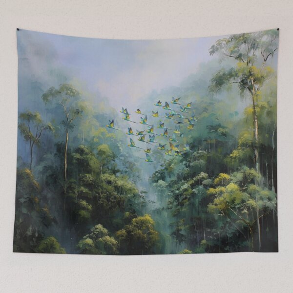 Item preview, A Budgerigar flock sweeping over rainforest valleys, Birds in Motion designed and sold by CDC40.