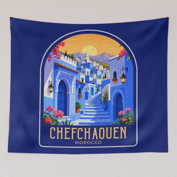 Item preview, Chefchaouen Vintage Travel Illustration designed and sold by HomeLivingCo.