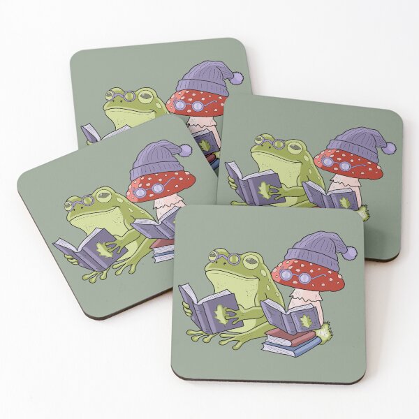 Item preview, Frog reading book with mushroom cottagecore illustration designed and sold by LeshanArt.