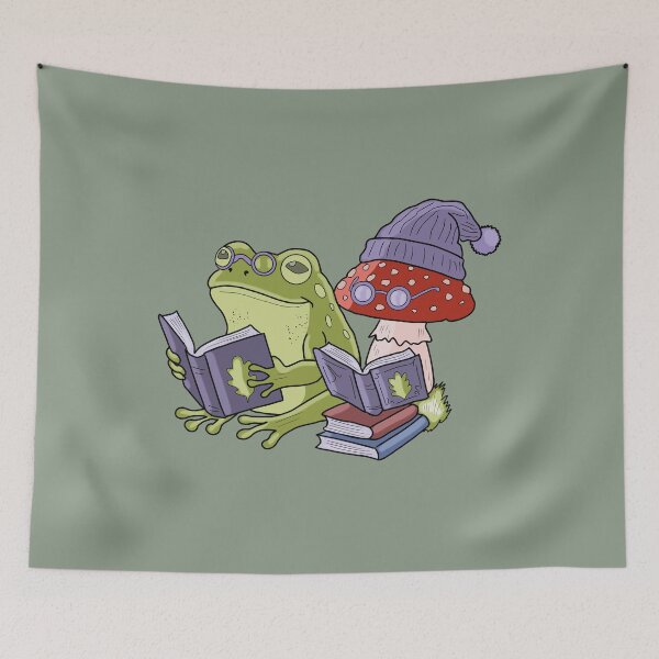 Item preview, Frog reading book with mushroom cottagecore illustration designed and sold by LeshanArt.