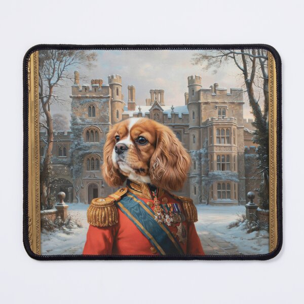 Item preview, A formal baroque-style royal portrait illustration of a charming King Charles Spaniel dressed as a regal British military officer designed and sold by 123ks.
