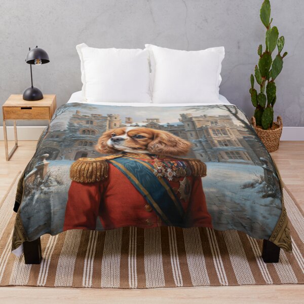 Item preview, A formal baroque-style royal portrait illustration of a charming King Charles Spaniel dressed as a regal British military officer designed and sold by 123ks.