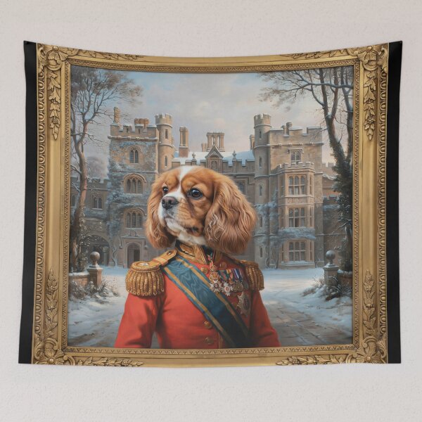 Item preview,  A formal baroque-style royal portrait illustration of a charming King Charles Spaniel dressed as a regal British military officer  designed and sold by 123ks.