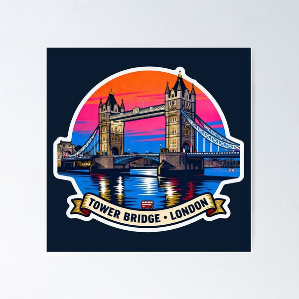 Item preview, Tower Bridge London Sunset Sticker – Retro Travel Illustration designed and sold by The Digital Compass.