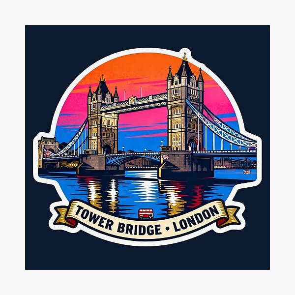 Item preview, Tower Bridge London Sunset Sticker – Retro Travel Illustration designed and sold by The Digital Compass.