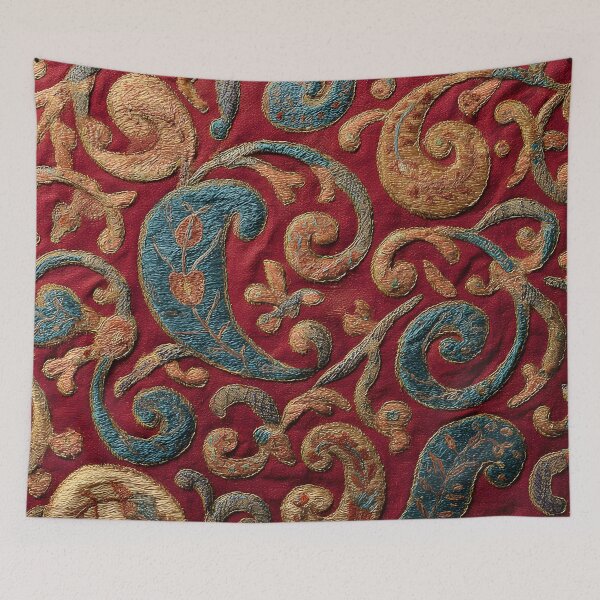 Item preview, Luxury Oriental Paisley Embroidery Pattern Antique Silk Textile designed and sold by GrinGalore.
