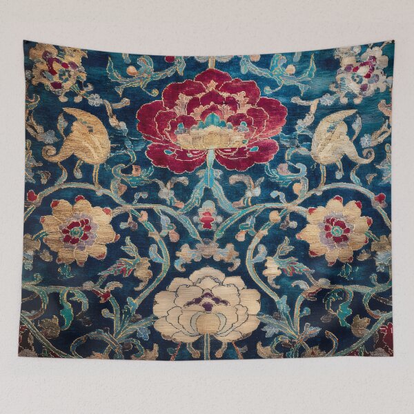 Item preview, Antique Chinese Silk Rug with Peonies Luxury Oriental Textile designed and sold by GrinGalore.