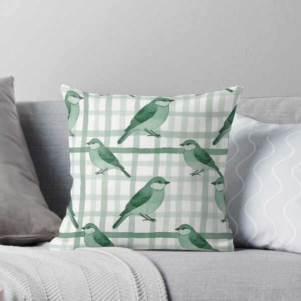 Item preview, Watercolor Green Birds on Sage Gingham Plaid designed and sold by wissal.studio.