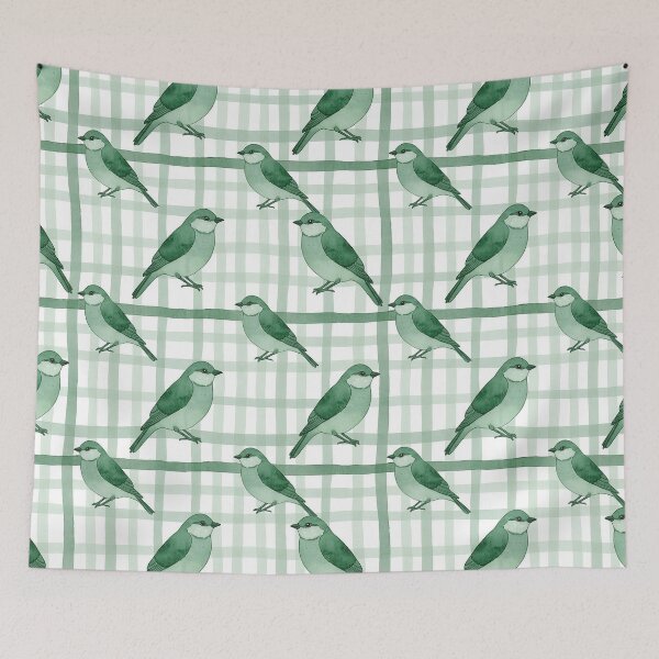 Item preview, Watercolor Green Birds on Sage Gingham Plaid designed and sold by wissal.studio.