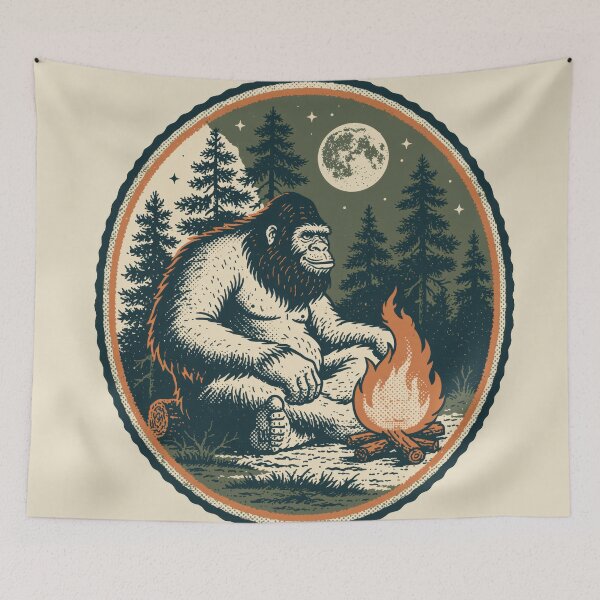 Item preview, Cryptid Campfire - Retro Bigfoot Sasquatch Camp Badge designed and sold by FrostyFrisby.