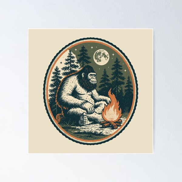 Item preview, Cryptid Campfire - Retro Bigfoot Sasquatch Camp Badge designed and sold by FrostyFrisby.