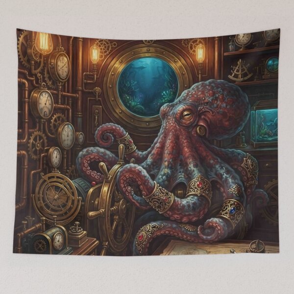Item preview, Steampunk Navigator Octopus Wall Art – Victorian Fantasy Ocean Art designed and sold by ZyxDes.