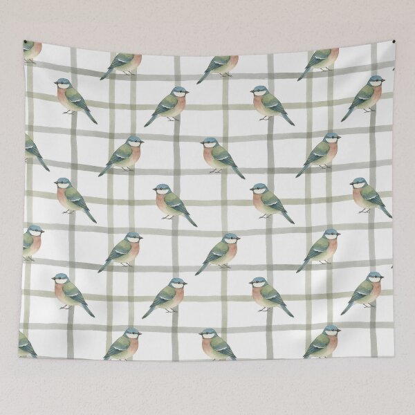 Item preview, ​Watercolor Bluebirds on Soft Grey Plaid Pattern designed and sold by wissal.studio.