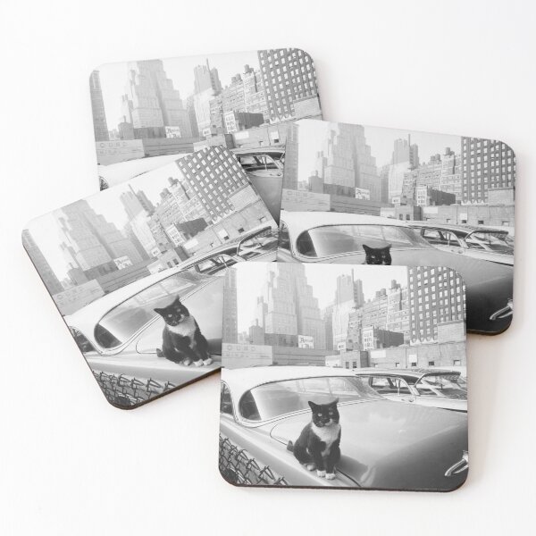 Item preview, Cats of New York, Cat sitting on car with skyscrapers in the distance vintage black and white photographic art print designed and sold by Astrid Arkhangelsky.