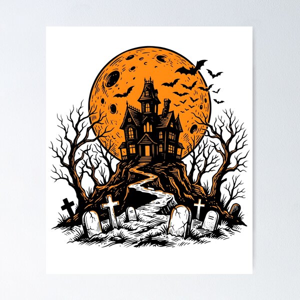 Item preview, Haunted House Silhouette with Orange Full Moon designed and sold by fawzimorsy.