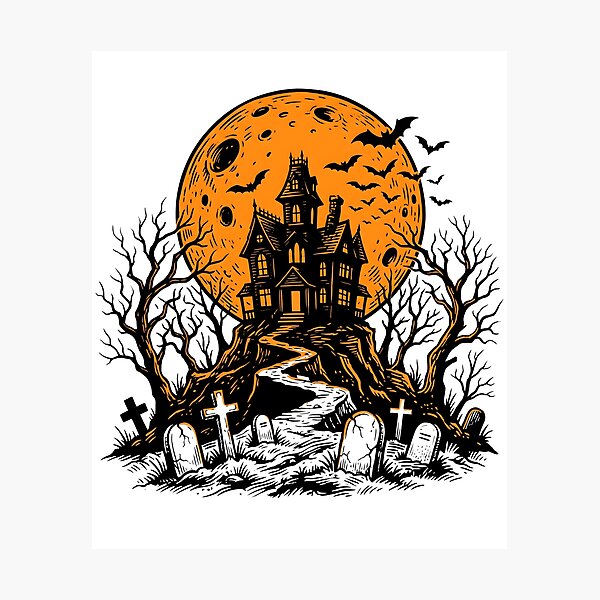Item preview, Silueta de casa embrujada con luna llena naranja designed and sold by fawzimorsy.