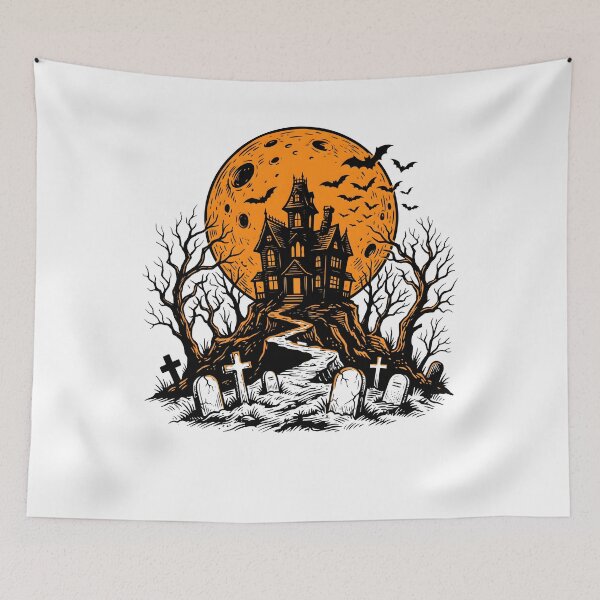 Item preview, Haunted House Silhouette with Orange Full Moon designed and sold by fawzimorsy.