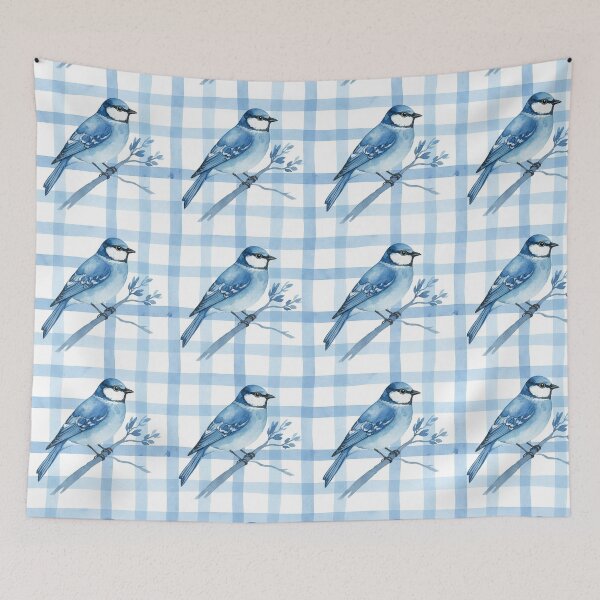 Item preview, Blue Jay Bird on Soft Blue Gingham Plaid designed and sold by wissal.studio.